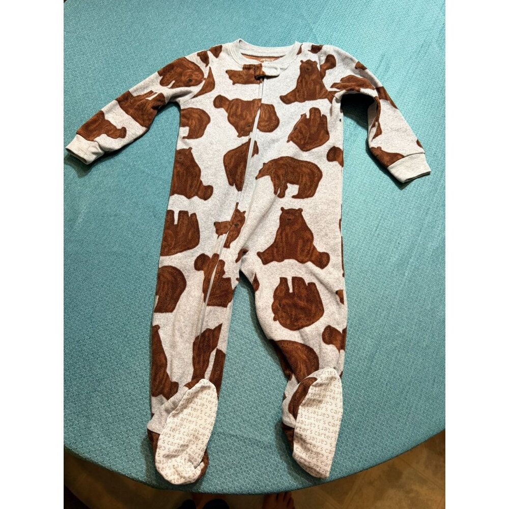 Carters Baby Bear Print Zipper Footed Pajamas 24M Gray & Brown Fleece Sleepwear